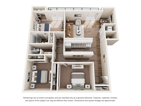 Floor plan for 3 beds, 2 baths, 1287 sqft